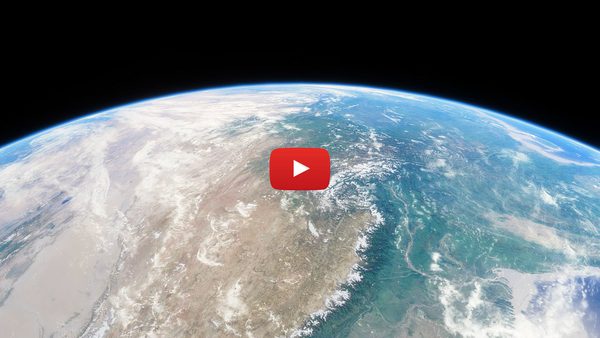 view of Earth from space, with red play button