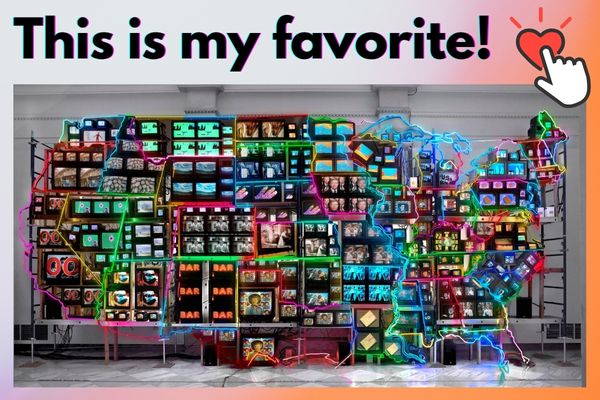 Map of the United States made of televisions and with the states outlined by neon lighting