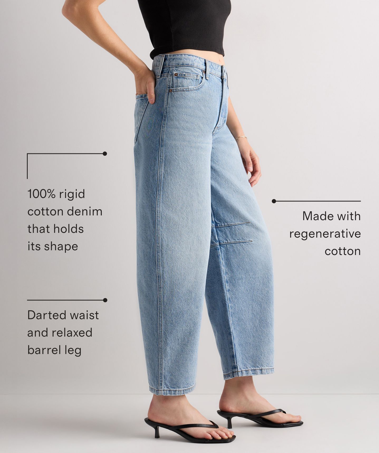 100% rigid cotton denim that holds its shape | Darted waist and relaxed barrel leg | Made with regenerative cotton