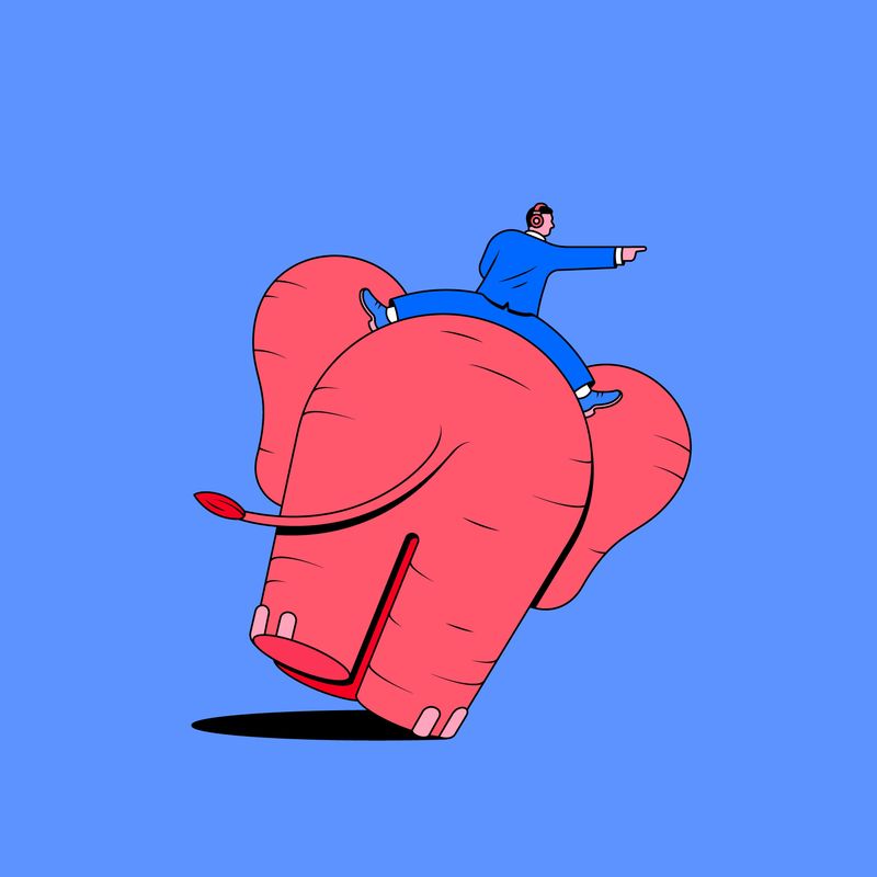 Illustration of a man wearing headphones while riding a red elephant. 