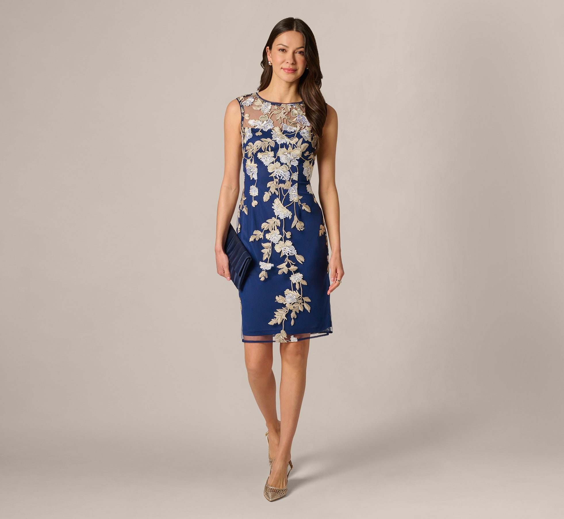 Image of Sleeveless Illusion Floral Embroidery Sheath Dress In Navy Ecru