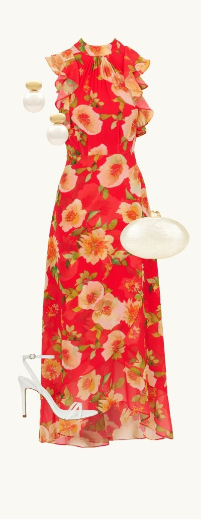 Printed Chiffon Mock Neck Ankle Dress In Coral Multi