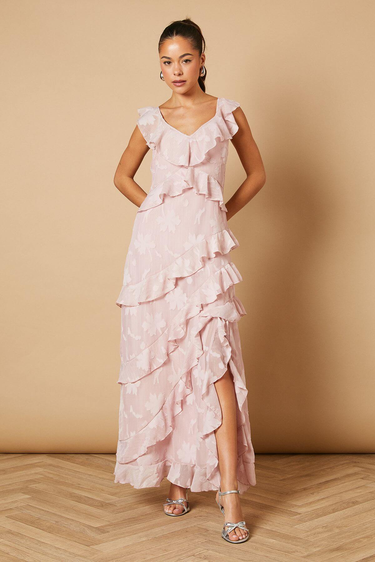 Ruffle Jacquard Print Maxi Dress