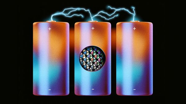 Illustration of three glowing cylindrical batteries against a black background, each releasing blue electrical discharges from the top terminals. The center battery features a circular cutaway revealing a colorful microscopic pattern inside
