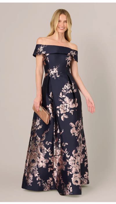 Off Shoulder Metallic Floral Jacquard Gown In Navy Blush