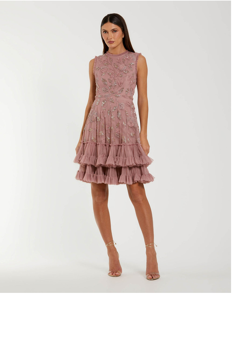 Pink High Neck Sleeveless Beaded Dress With Ruffled Hem
