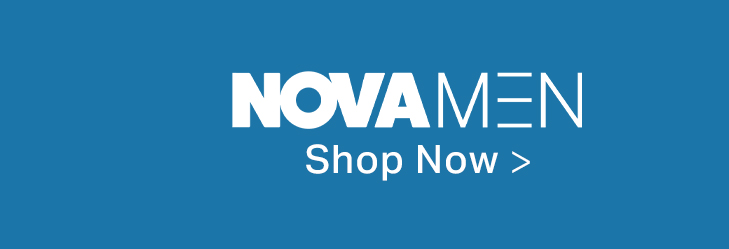 Nova Men bold white logo above 'Shop Now' on a solid blue background, encouraging discovery of the latest men's clothing and fashion.