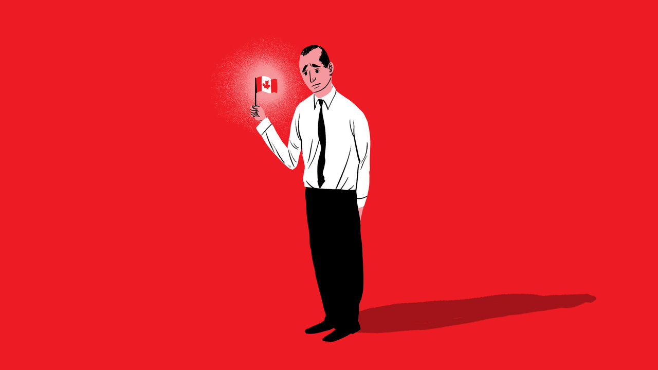 Illustration of a sad looking businessman waving a small Canadian flag