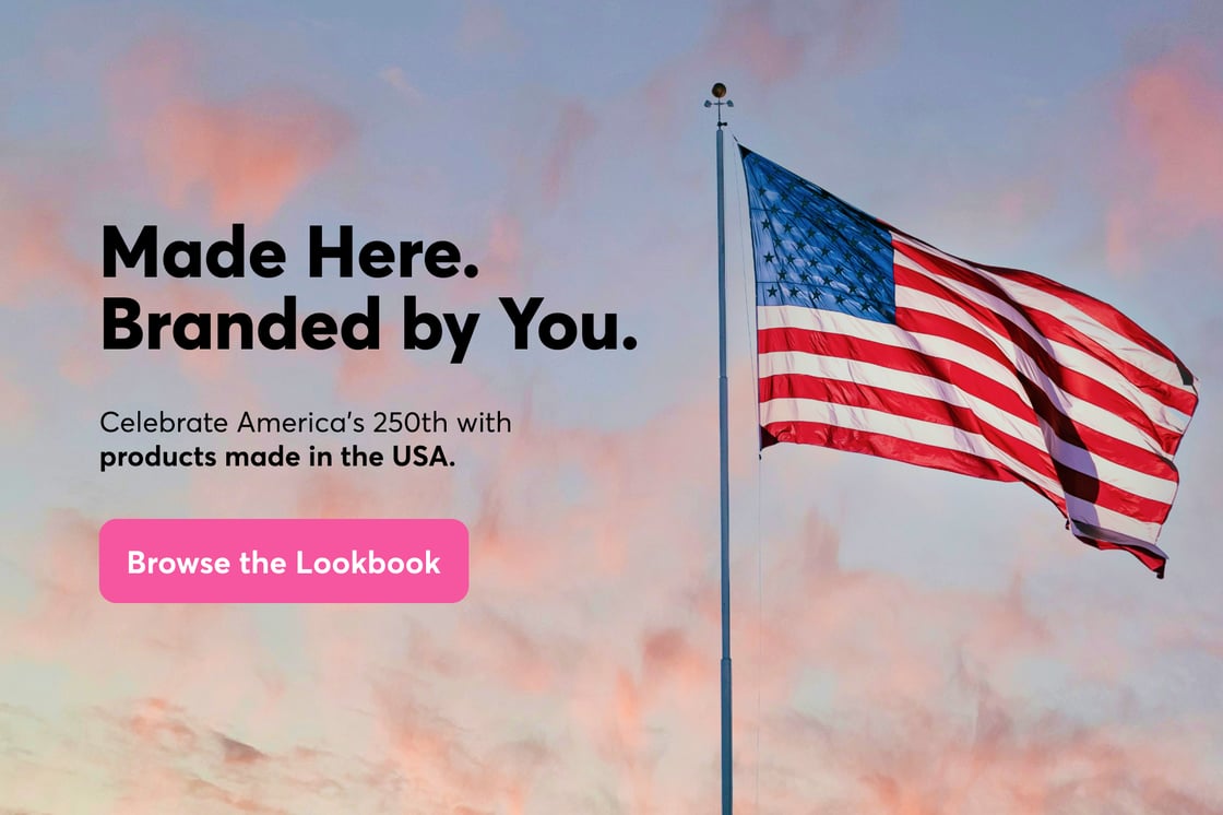 An American flag and a sunset next to the words "Made Here. Branded by You." with a button that says "Browse the Lookbook."