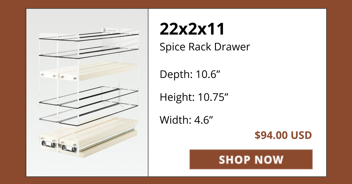 Vertical Spice 22x2x11 double-tier pull-out spice rack organizer for compact kitchen cabinets.