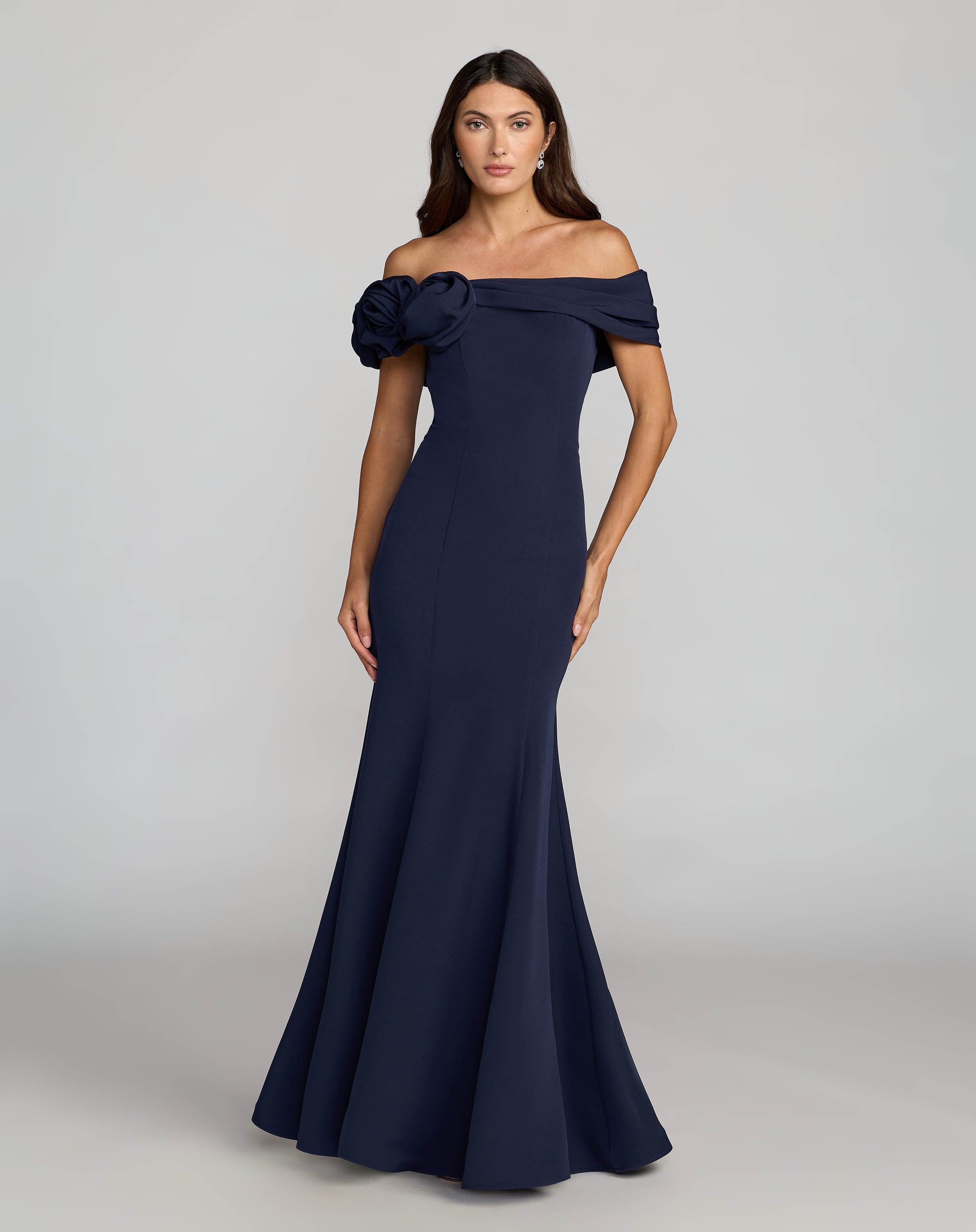 Image of Navy Off The Shoulder Crepe Mermaid Gown