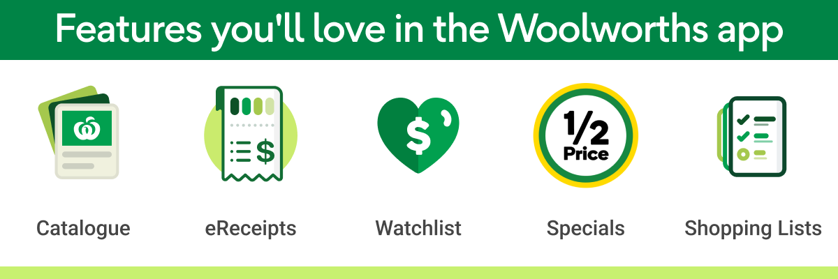 Features you'll love in the Woolworths app - Catalogue, eReceipts, Watchlist, Specials, Shopping Lists