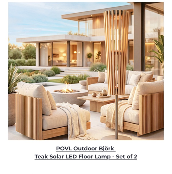 Modern patio furniture around fire pit. Image Text: POVL Outdoor Björk Teak Solar LED Floor Lamp - Set of 2