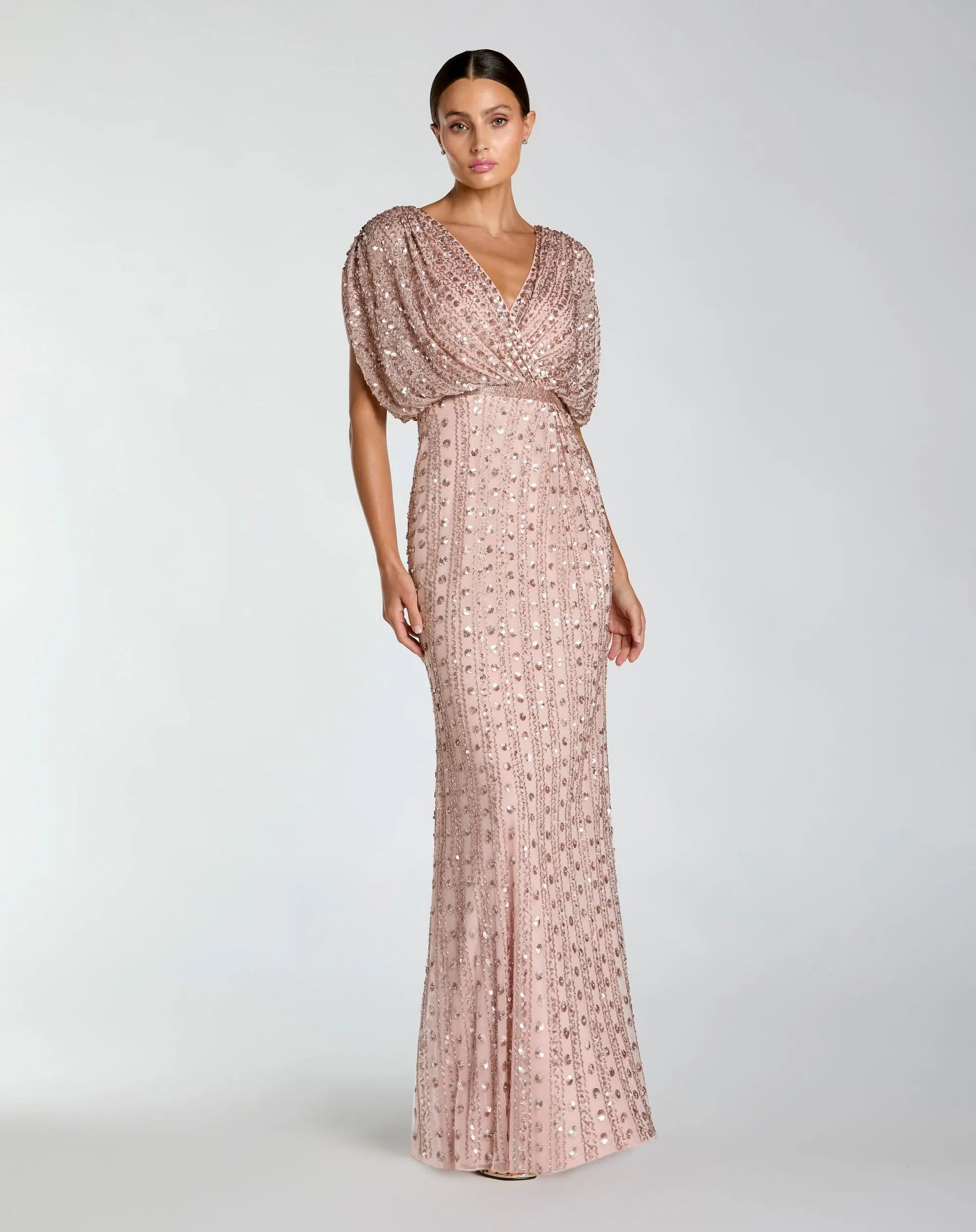 Image of Pink Embellished Blouson V Neck Column Gown