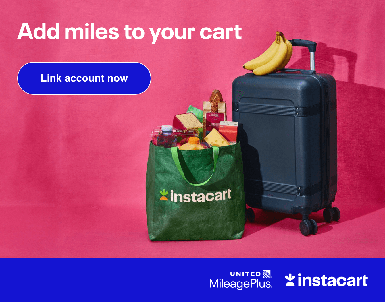 Image of a suitcase and bag of groceries with text 'Add miles to your cart'