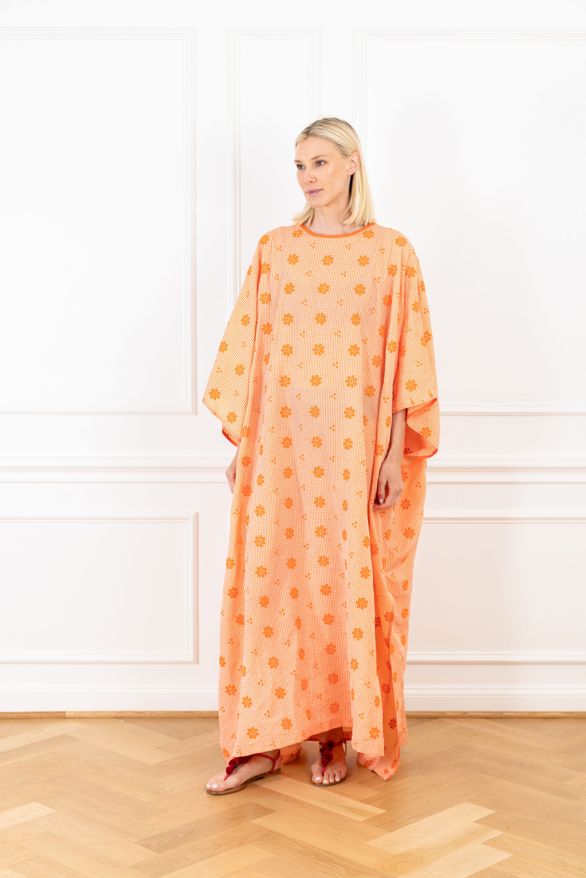Image of Apricot Gingham Maxi Keyhole Caftan