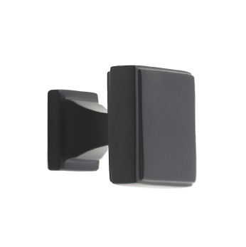 Black square cabinet knob on white background.