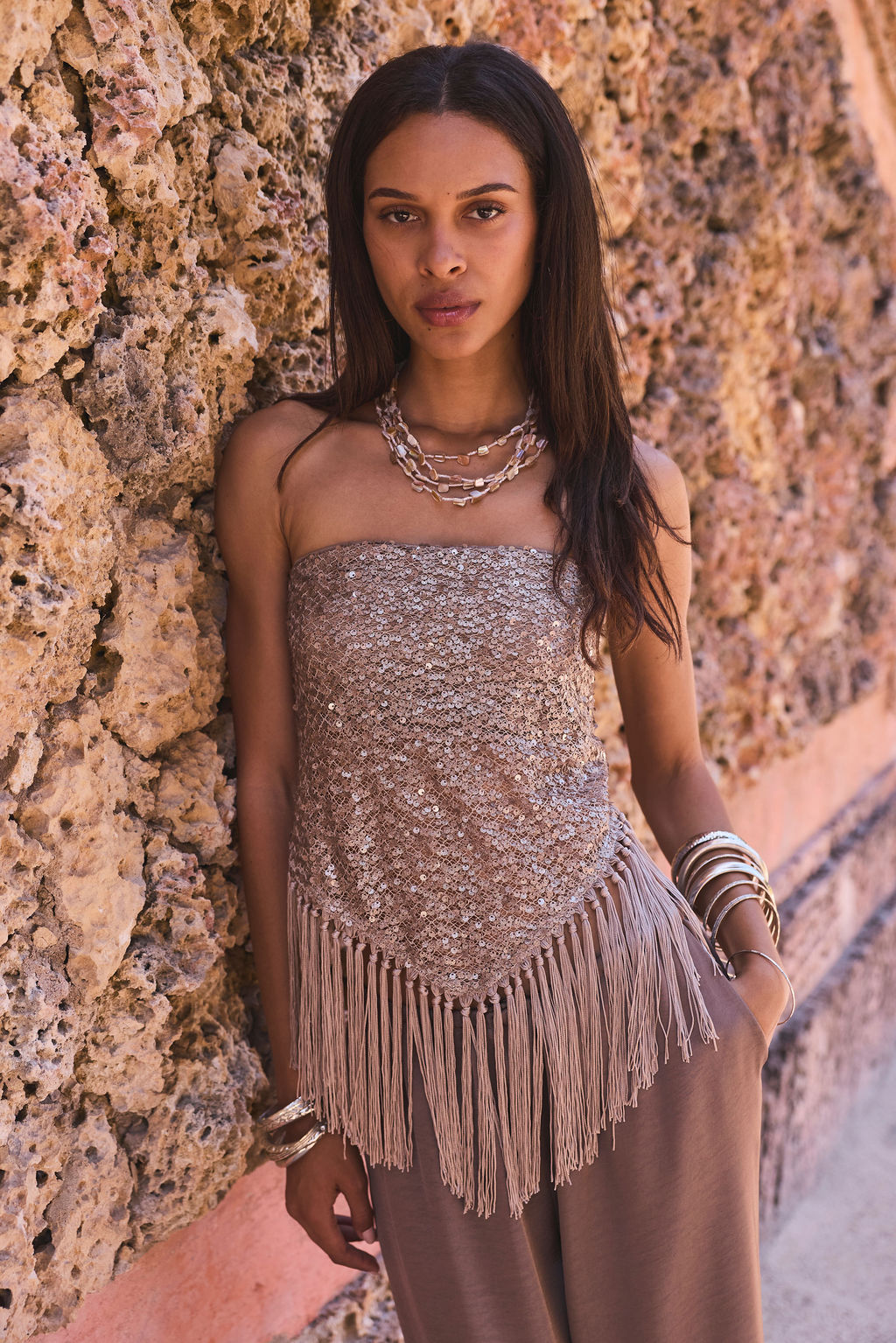 Image of Mirage Taupe Sequin Strapless Top