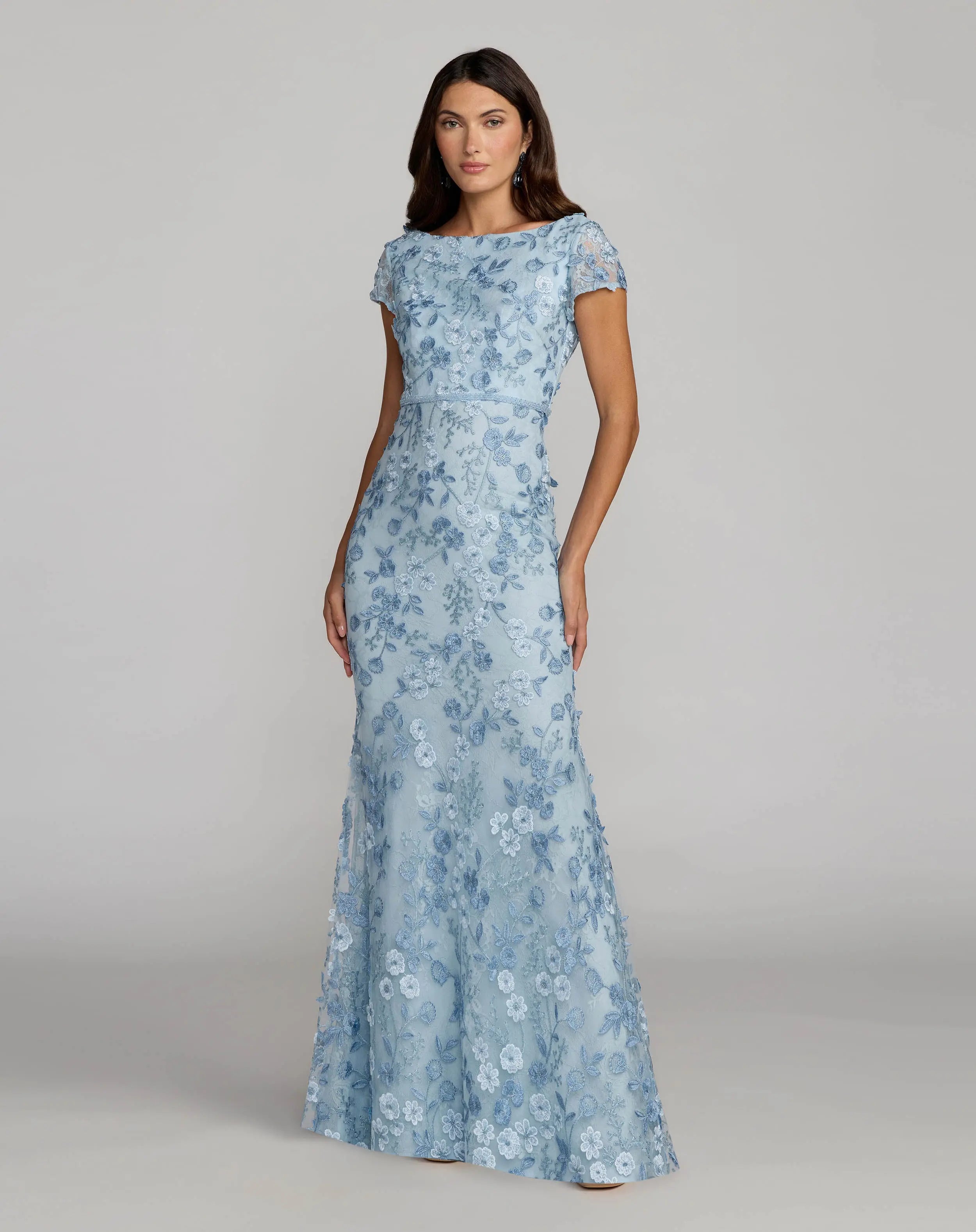 Image of Blue Floral Applique Boat Neck Cap Sleeve Gown