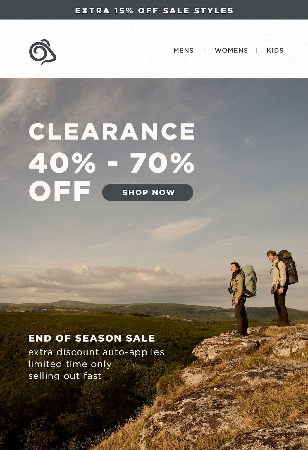 40% - 70% off clearance plus extra 15% OFF automatically taken at checkout! Dont miss our end of season sale for al adventures ahead