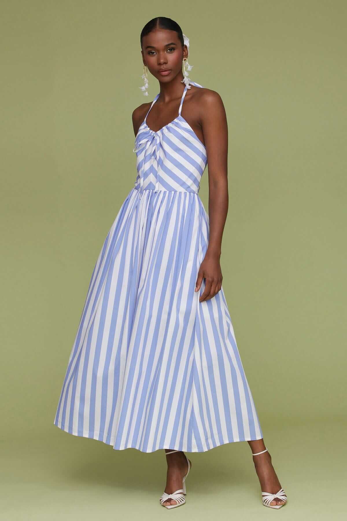 Image of Striped Cotton Halter Tie Midi Dress