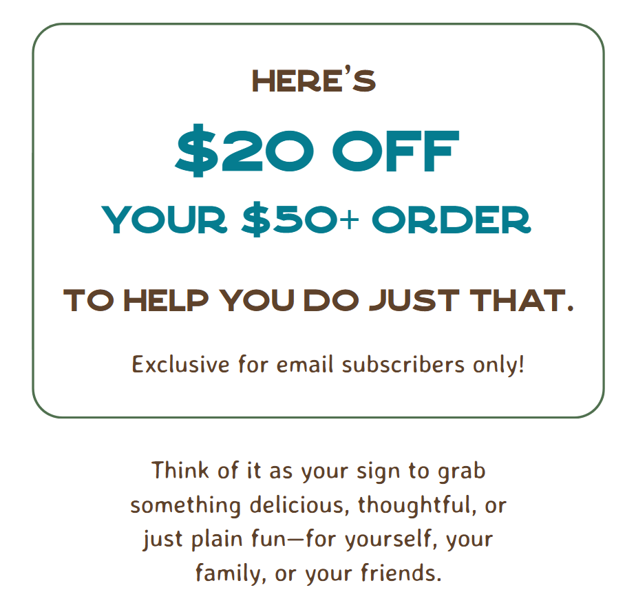 Here's $20 off your $50+ order!