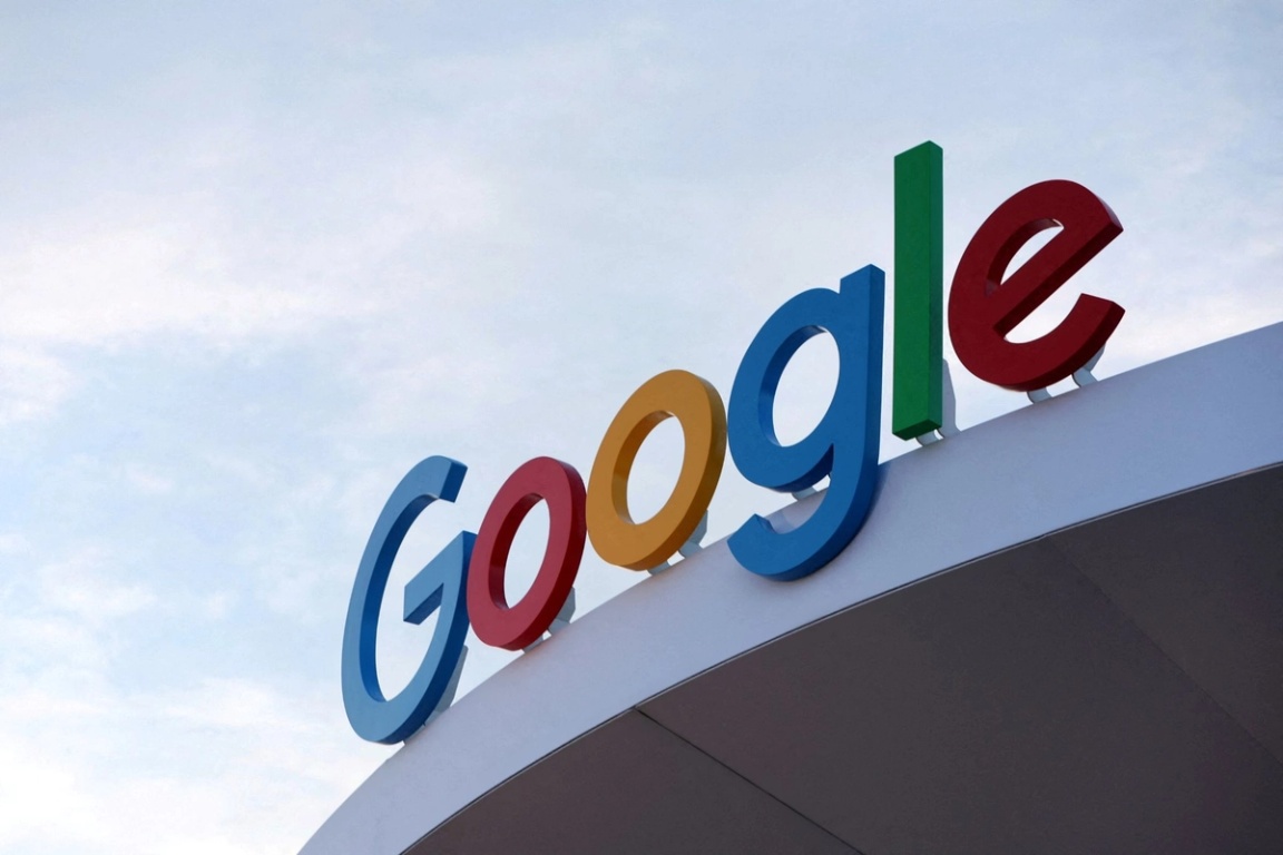 The Google logo is seen on the Google house at CES 2024. 