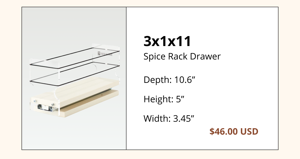 3x1x11 slim spice rack drawer for narrow cabinets, space-saving pull-out organizer for small kitchens