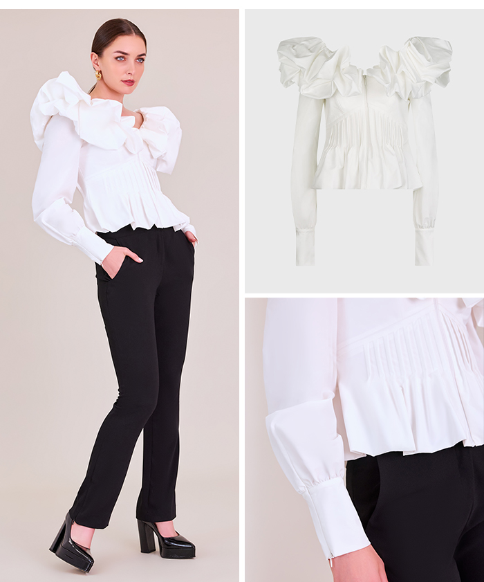 White Long Sleeve Shirt With Voluminous Ruffles At Neckline & Cinched Waist