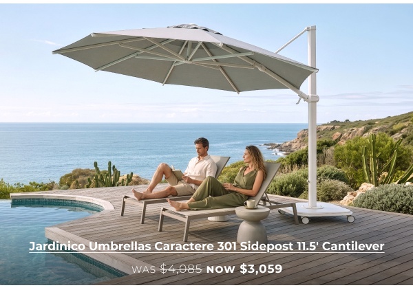 Couple relaxing under large cantilever umbrella. Link Text: Jardinico Umbrellas Caractere 301 Sidepost 11.5' Cantilever WAS $4,085 NOW $3,059