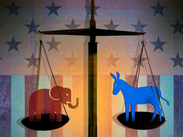 Illustration of political party mascots on scales with U.S. flag.