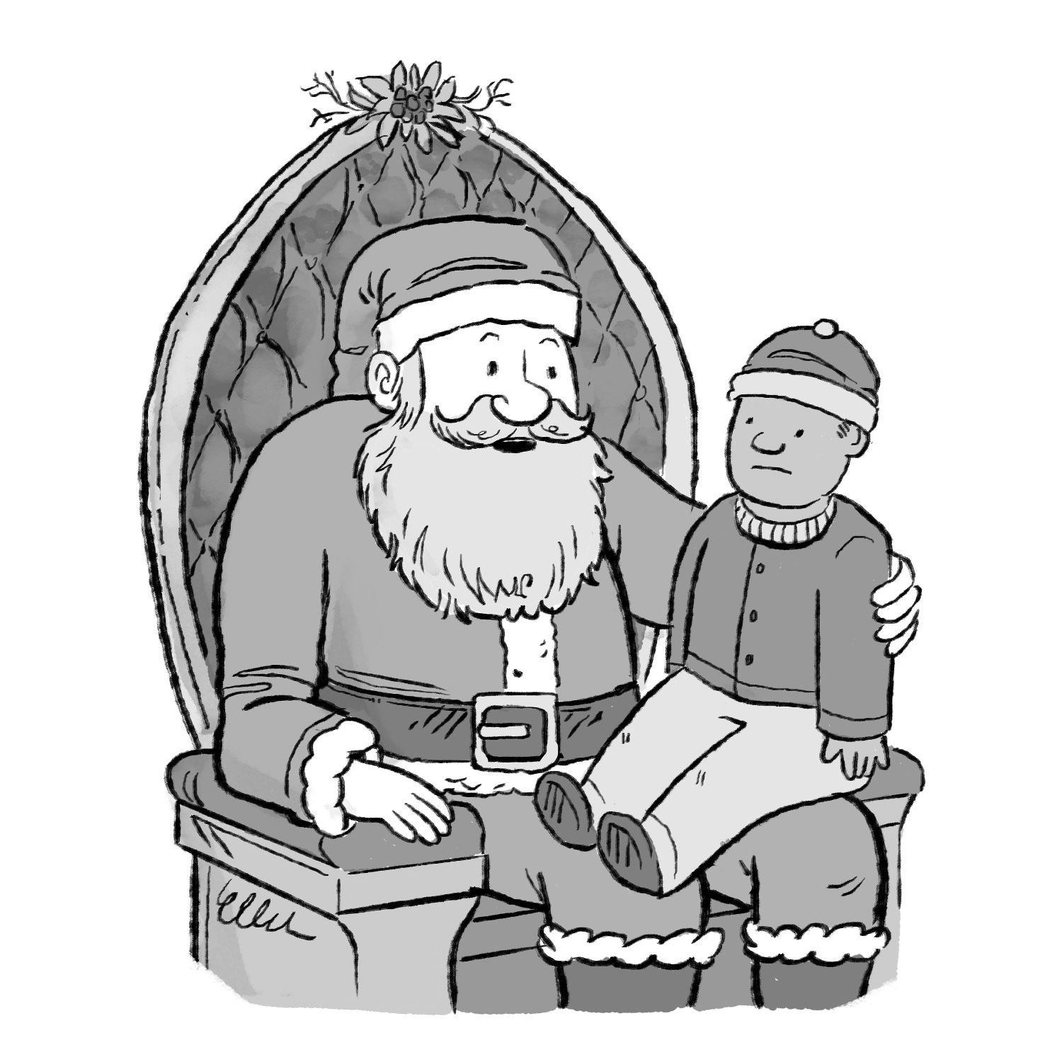 A child sits on Santa’s lap.