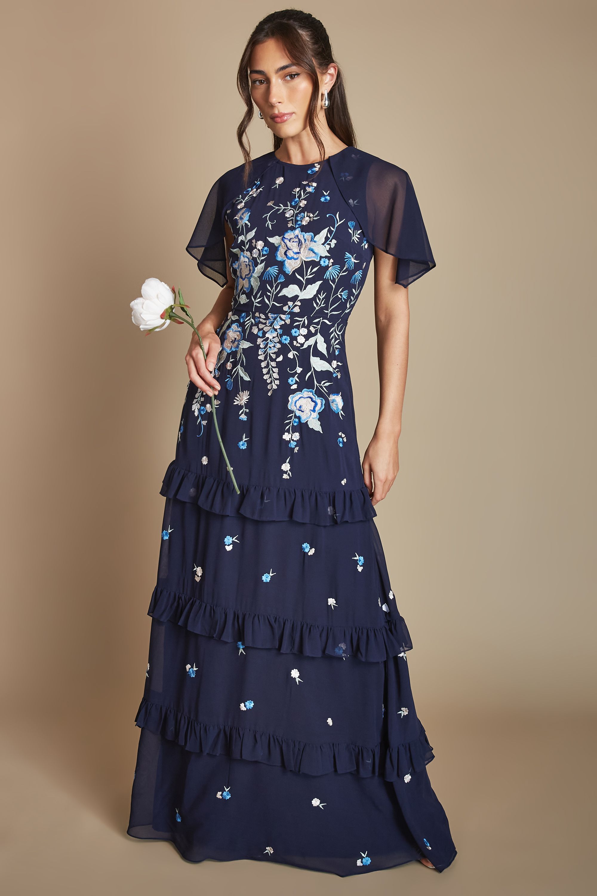 Embroidered Trailing Floral Cape Detail Tiered Bridesmaid Dress
