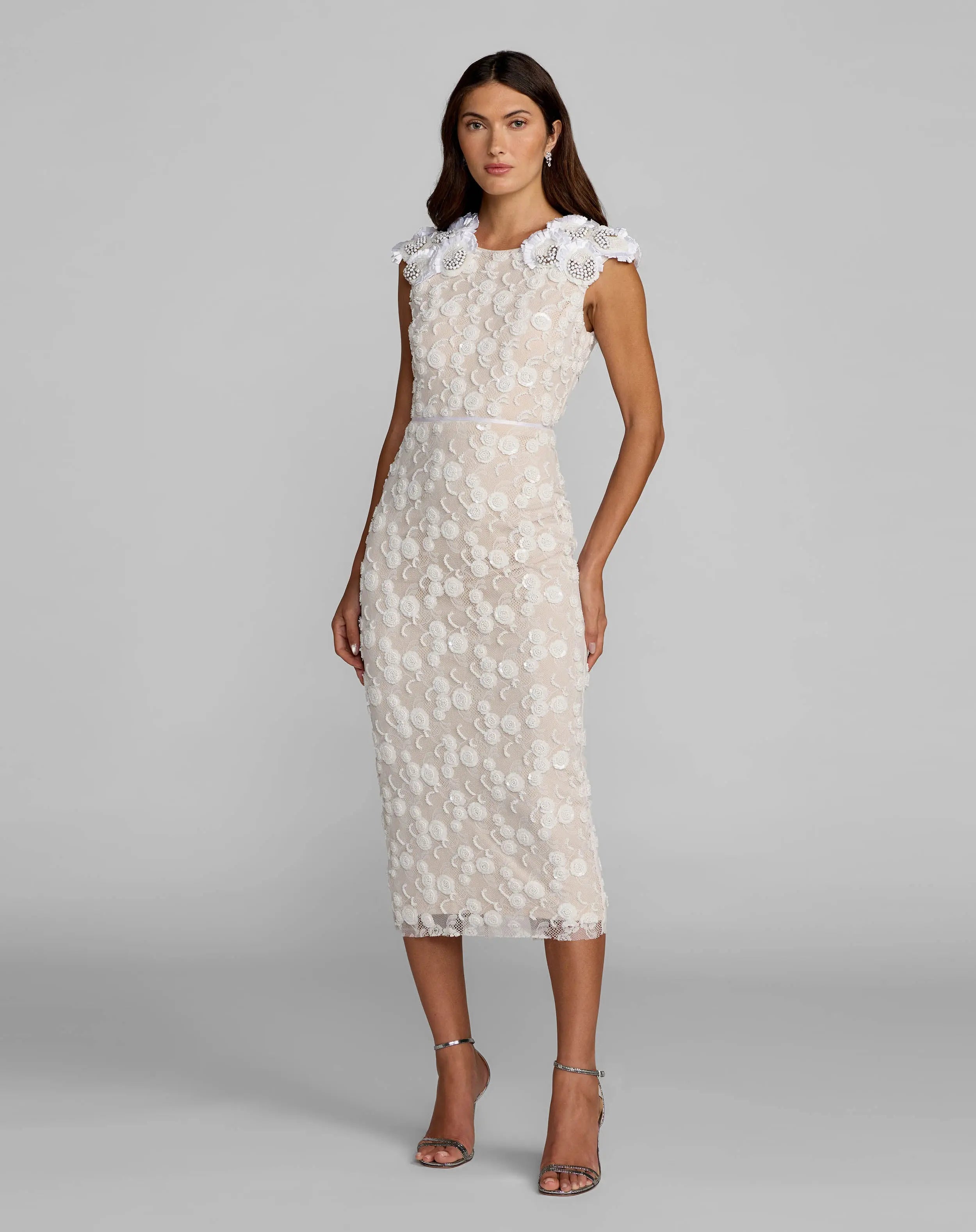Image of White Lace Midi Dress With 3D Floral Appliqués