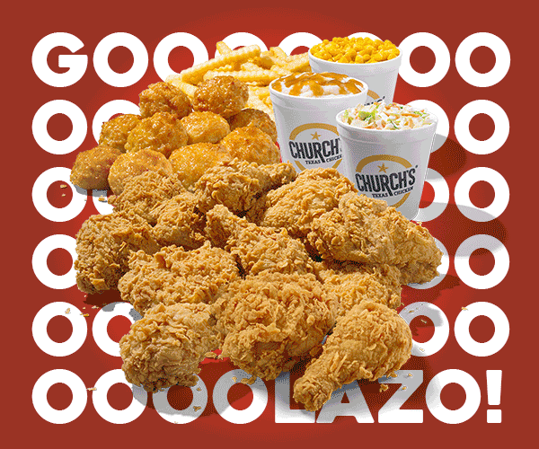 Rotating GIF of Church’s Golazo Meal fútbols, U.S., Mexico, Brazil and Argentina with GOOOOLAZO written behind the GIF.