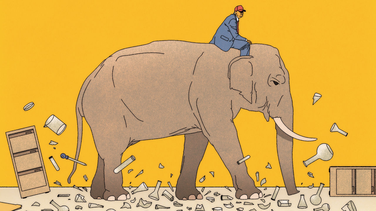 Donald Trump riding an elephant through a science laboratory