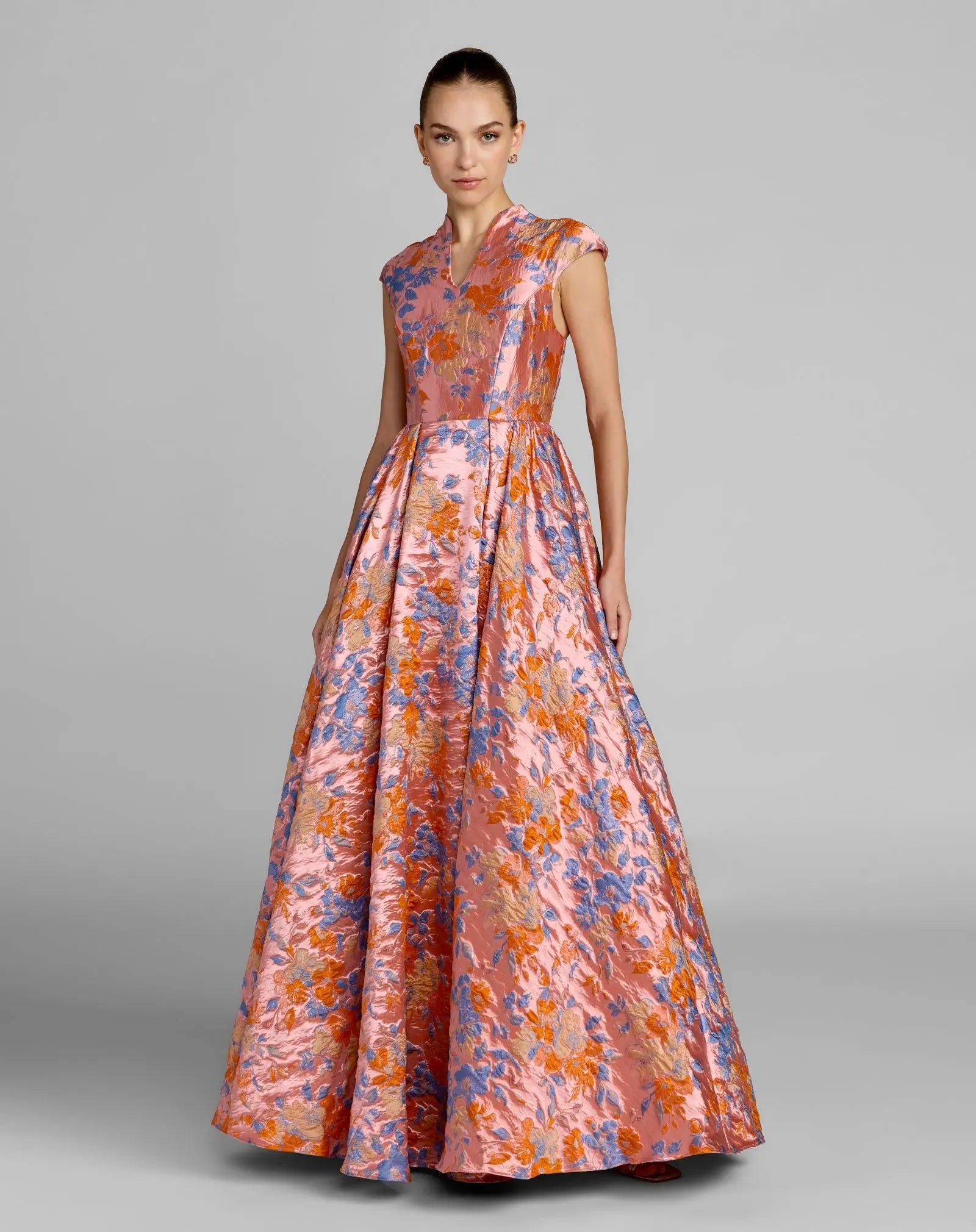 Image of Pink Brocade Cap Sleeve Ball Gown