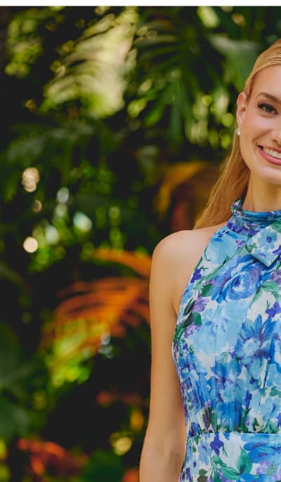 Tiered Metallic Floral Chiffon Halter Gown In Blue Multi