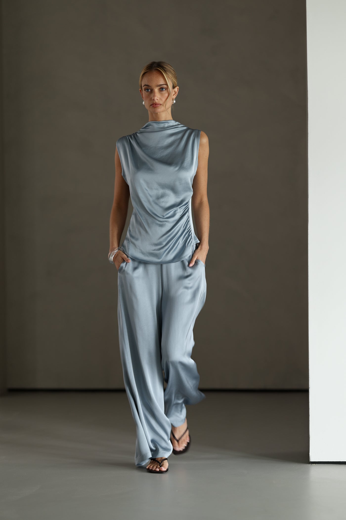 Image of Cole Satin Trousers | Dusty Blue