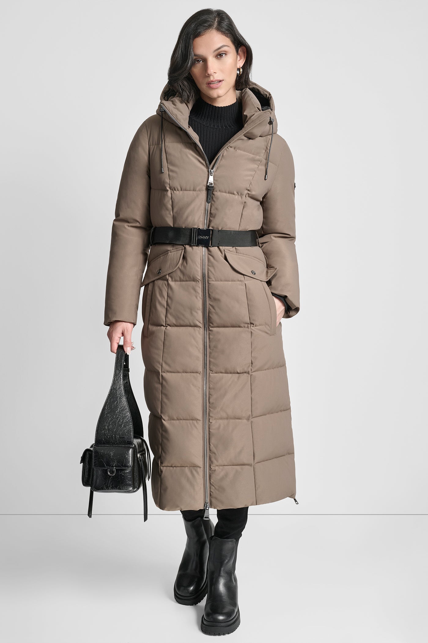 Image of BOX QUILT LONG PUFFER WITH BELT