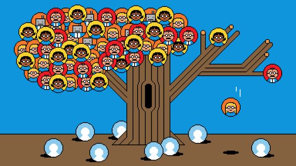 Illustration of a tree shedding its leaves. The leaves are picture of emplyees, human and robot ones. Once they fall on the ground, they become anonymous. 