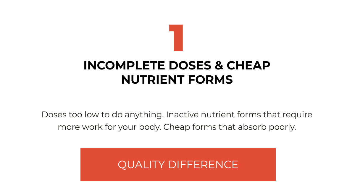 1 INCOMPLETE DOSES & CHEAP NUTRIENT FORMS Doses too low to do anything. Inactive nutrient forms that require more work for your body. Cheap forms that absorb poorly. [QUALITY DIFFERENCE]