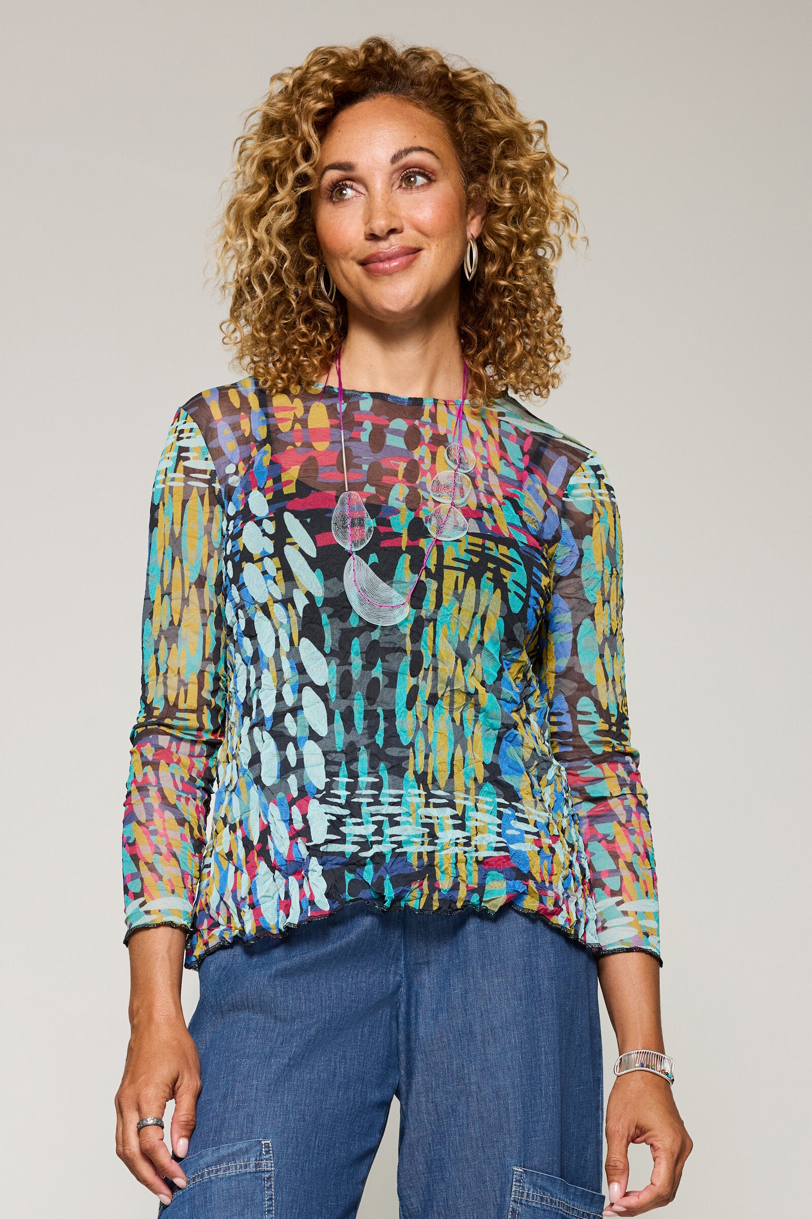 Image of Crushed Mesh Jewel Neck Top - Solar Dots Multi