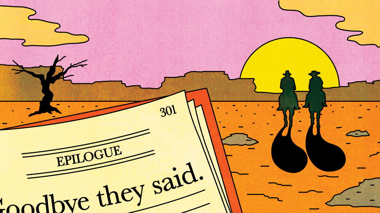 Two lone-rangers with inverted comma shaped shadows ride into the sunset, in front of a book page which reads “Goodbye they said”