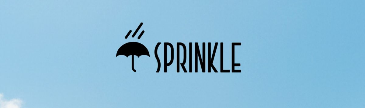 Logo with the word 'SPRINKLE' and an umbrella icon against a blue sky.