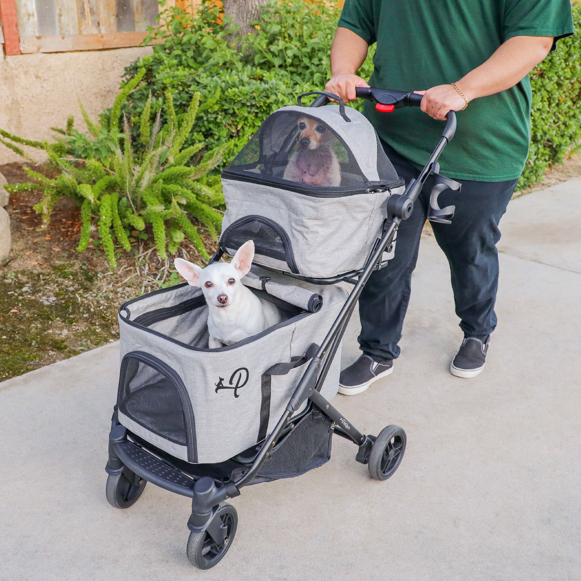 Petique Deluxe Double Decker Gray Pet Stroller with Accessory Bundle