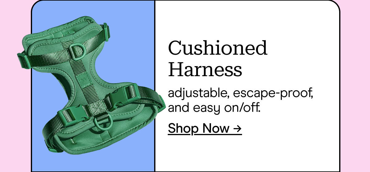 Cushioned Harness adjustable, escape-proof, and easy on/off. Shop Now →