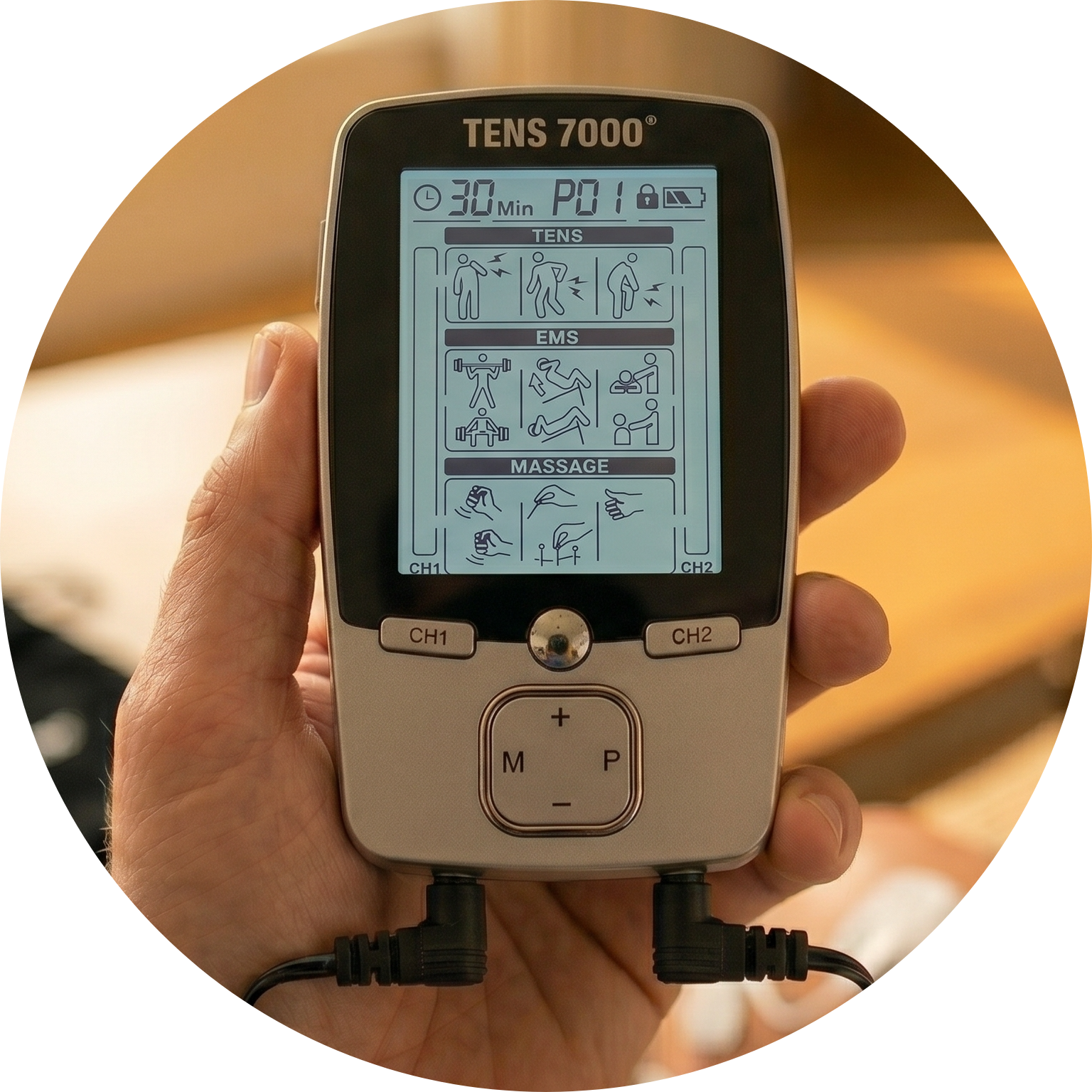 A man holding the TENS 7000 3-in-1 TENS Unit