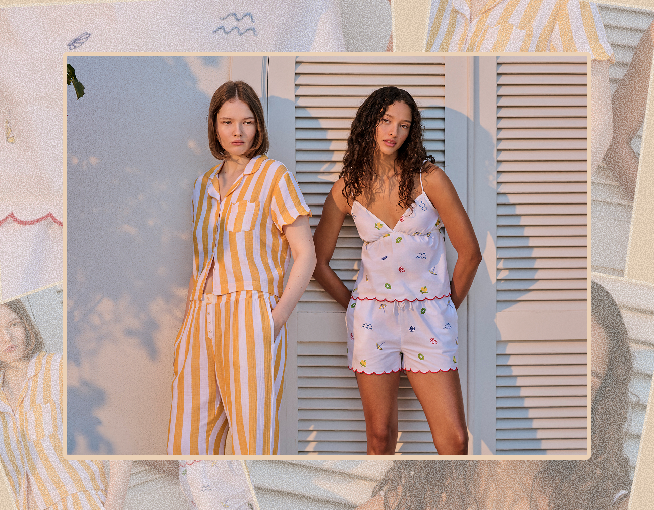 Two women in striped and printed summer pjs.