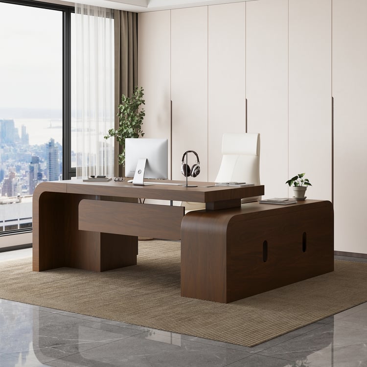 Chicent 71" L-Shaped Walnut Executive Desk Left Hand Return